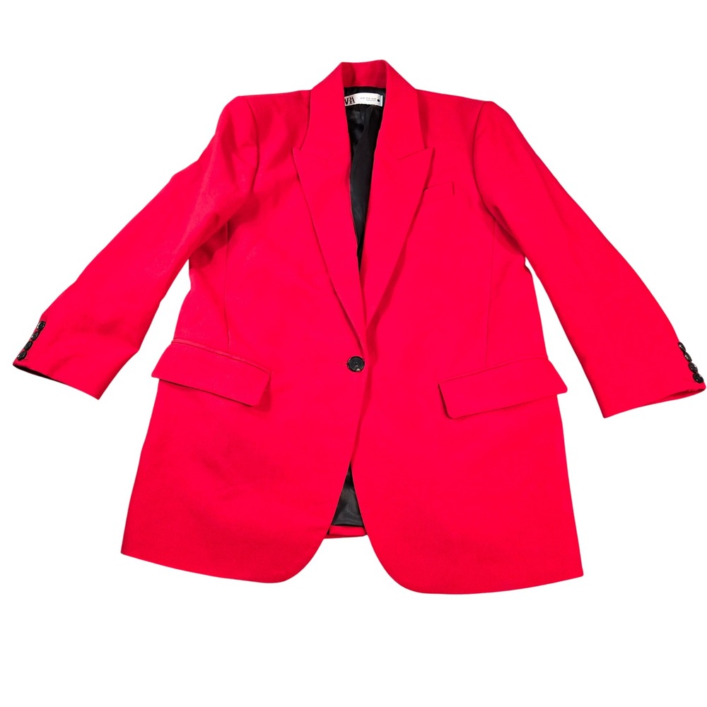 Zara Womens in a Vibrant Red Single- Button Peak Lapel Blazer Jacket Size Medium